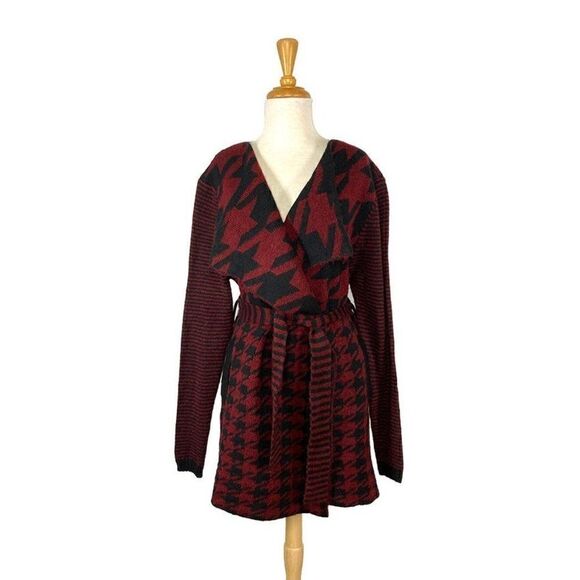 Toda Bela S Burgundy Red Houndstooth Cardigan Sweater Jacket Art To Wear… - Picture 1 of 8